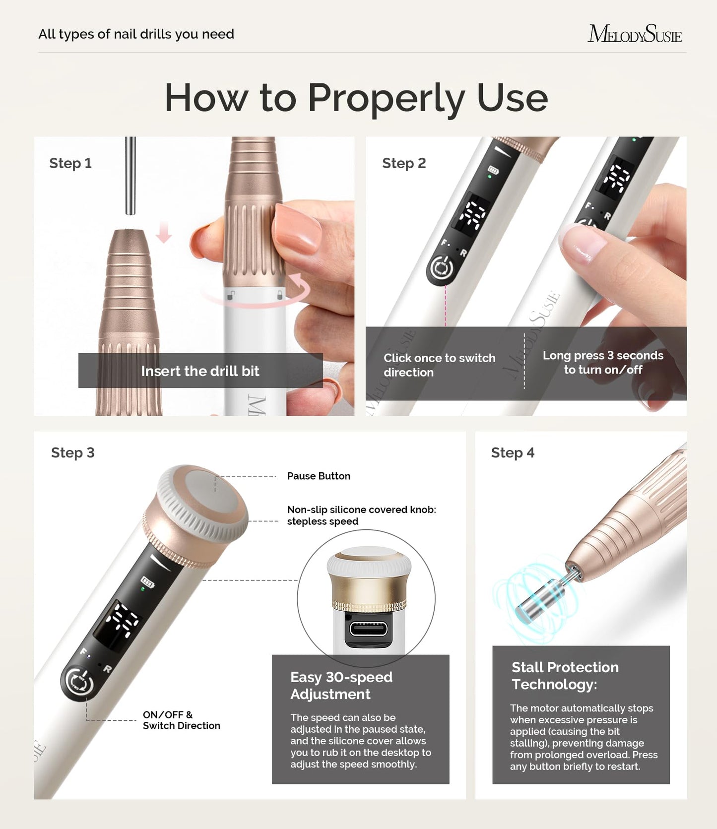 MelodySusie Pen-Shaped One-Hand Stepless Speed Adjustment Cordless Nail Drill, SM220G 30000RPM Portable Rechargeable Electric Fi