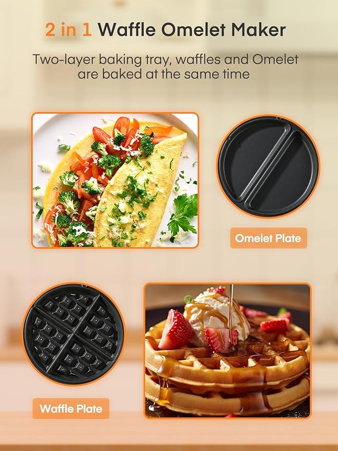 FOHERE 2-in-1 Waffle Maker & Omelette Maker, 1400W Double Belgian Waffle Iron 180° Flip, Adjustable Browning Control, Rotating & Nonstick Pans, Removable Drip Tray, Cool Touch Handle (Dark Black)