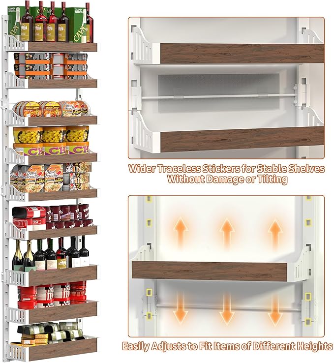 Over the Door Pantry Organizer: Pantry Organization and Storage with Hanging Basket - 9-Tier Metal Spice Rack Adjustable Shelves for Kitchen Bedroom Bathroom & Laundry Room White