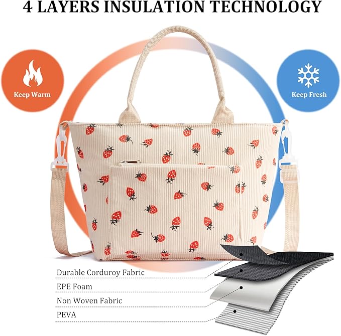 Lunch Bag for Women Adult Large Insulated Lunch Box Girl Cute Corduroy Lunch Tote Bags Reusable Leakproof Cooler Work Picnic
