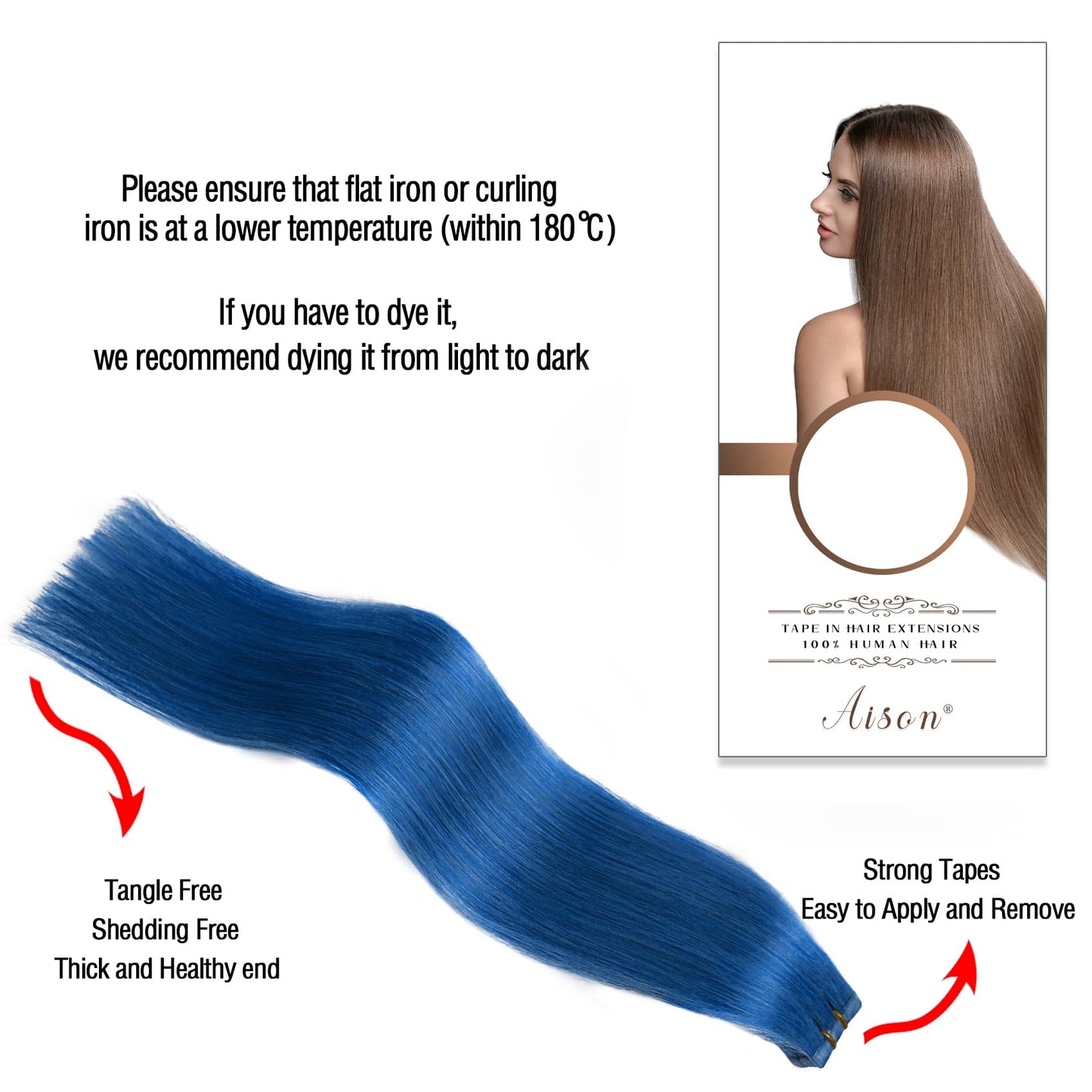 Aison Tape in Hair Extensions 22 Inch Human Hair #Blue 20 Pcs Silky Straight