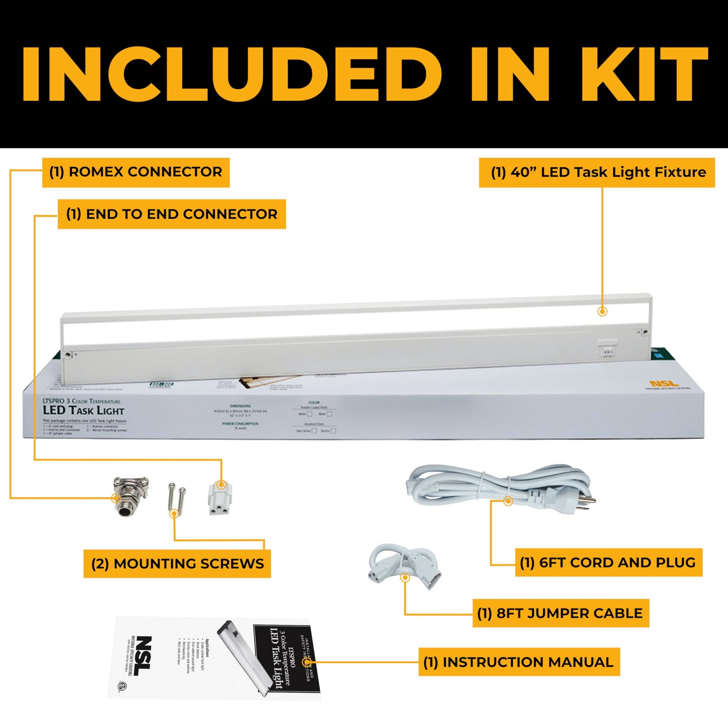 NSL LED Under Cabinet Lighting - Dimmable, 3 Color Temperatures, 40 Inch, Aluminum, White Finish, Model LTSPRO-40-WH