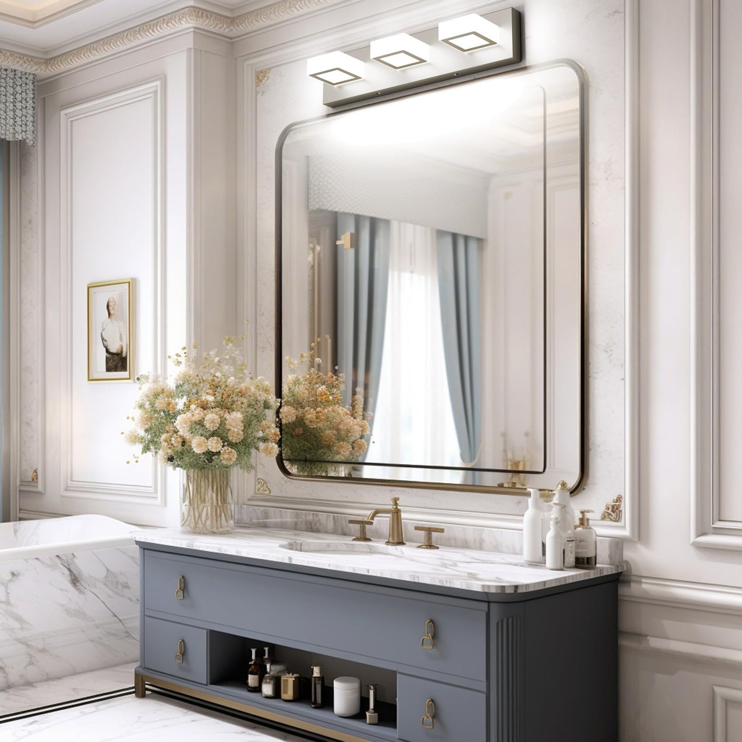 Ralbay 3-Light Bathroom Vanity Lights, Brushed Nickel, Metal, 20 inch, Model 8590, LED Modern Wall Lighting Fixtures