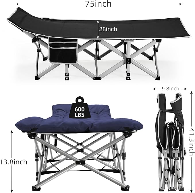 Portable Camping Cot, Sleeping Cot for Adult, 28" Extra Wide Heavy Duty Folding Cot Max Load 600LBS with Thick Mattress, Portable Camping Bed for Camp Outdoor/Office, Home Nap (Blue)