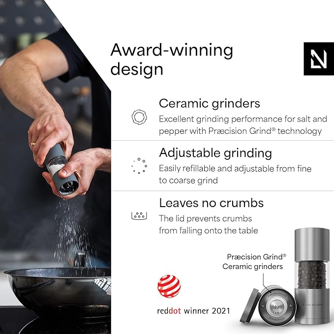 LARS NYSØM Salt and Pepper Grinder Set, Manual Salt and Pepper Mills with Adjustable Ceramic Grinder, Design Spice Shaker Set (Stainless Steel)