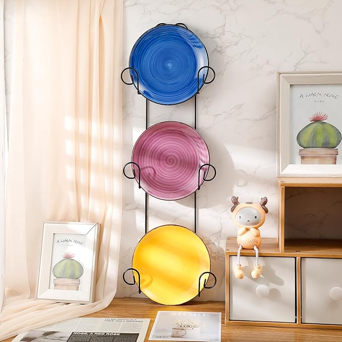 Menkxi 2 Pcs Plate Hangers for Wall Vertical Vintage Wall Plate Holder Decorative for Display Hanger Brackets Mount Rack Arts with Screw and Nut Fittings for Display Dishes Picture Frame(3 Tier,Black)