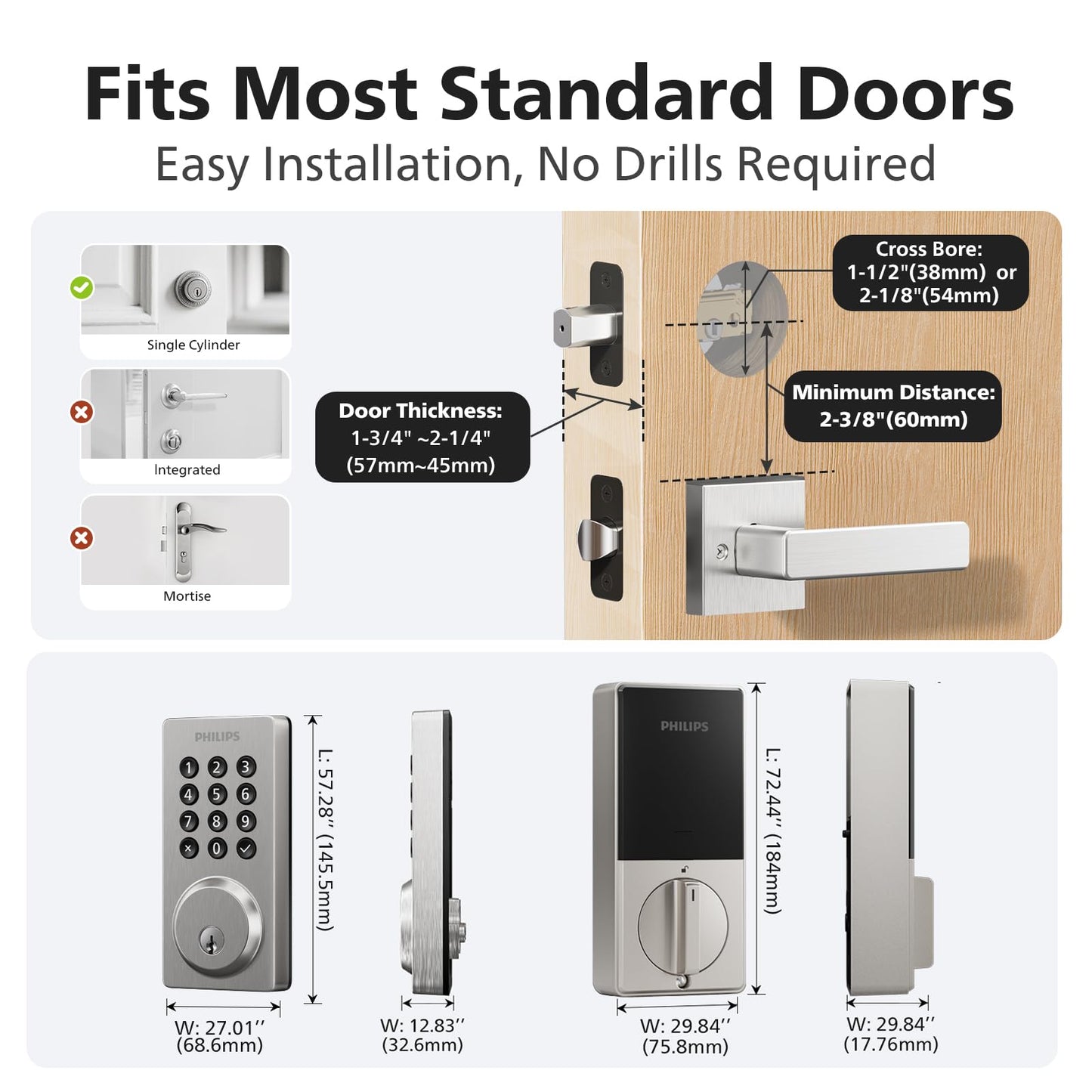 Philips Smart Lock, Smart Door Lock Built-in WiFi, App Remote Control, Keyless Entry Door Lock for Front Door, Deadbolt Lock Auto Lock, Support Alexa & Google, IP54 Waterproof, Satin Nickel
