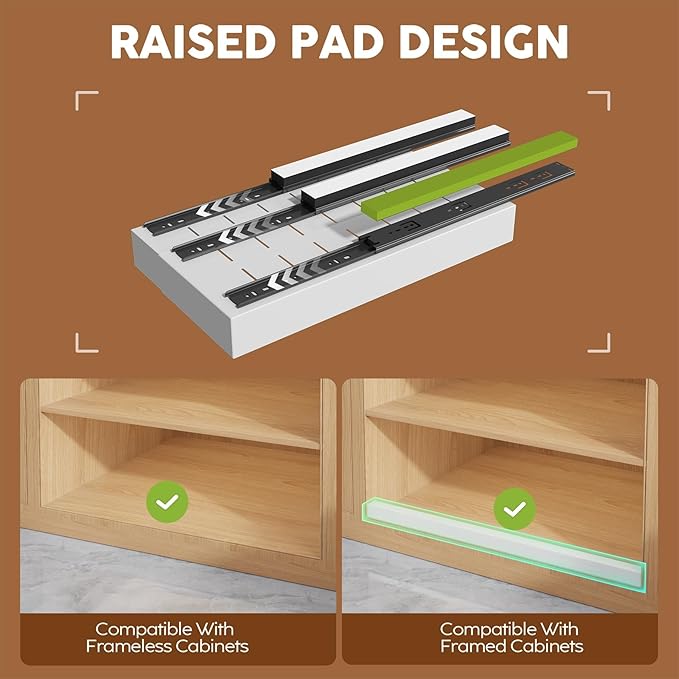 2 Pack Expandable (9"-14") Pull Out Cabinet Organizer 21" Deep With Raising Pad for Framed Cabinets,Upgrade 3 Slide Rails Slide Out Drawers,No Drill Roll Out Shelves Adhesive,White