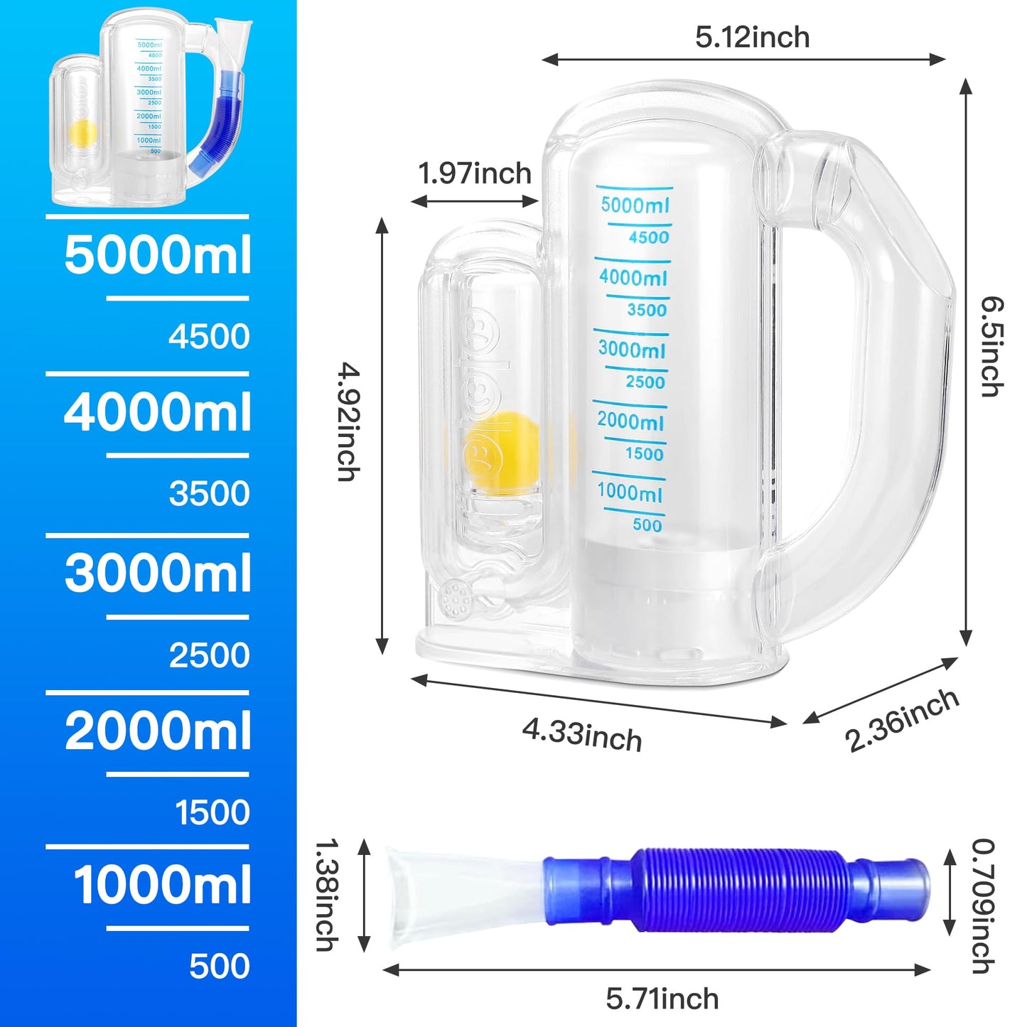 Incentive Spirometer Adult,Breathing Exercise Device for Lungs,Breathing Trainer,Spirometer Lung Exerciser-5000ml Volume Measurement with Flow Rate Indicator