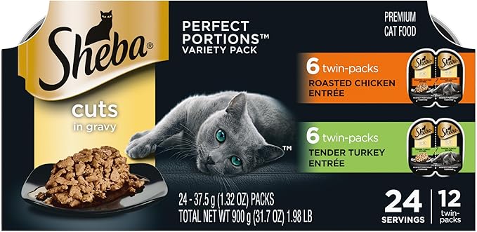 Sheba Perfect Portions Wet Cat Food Cuts in Gravy, Cat Food Wet Recipe, Roasted Chicken Entree and Turkey Entree, Variety ...