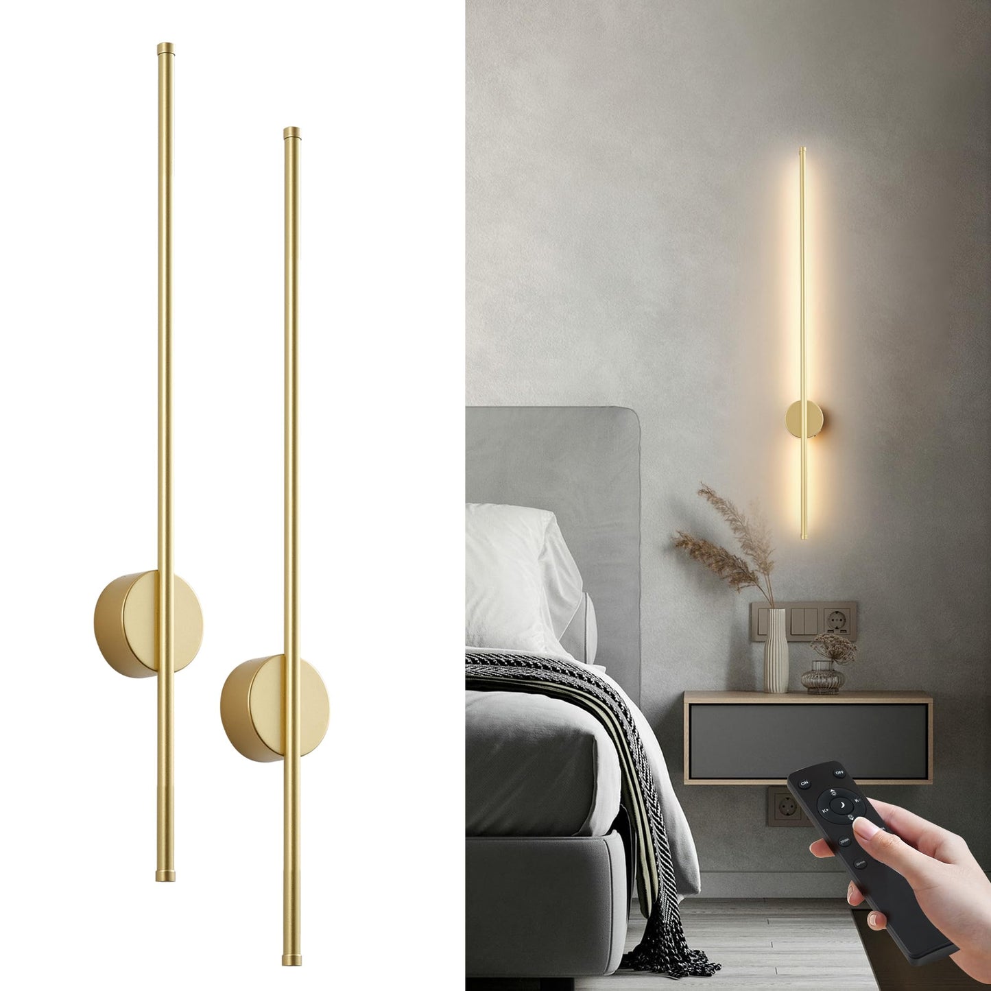 KARTOOSH Battery Operated Wall Sconce Set, Dimmable, 39.3 Inch, Gold, Rechargeable LED, Remote Control, Model ZM322B