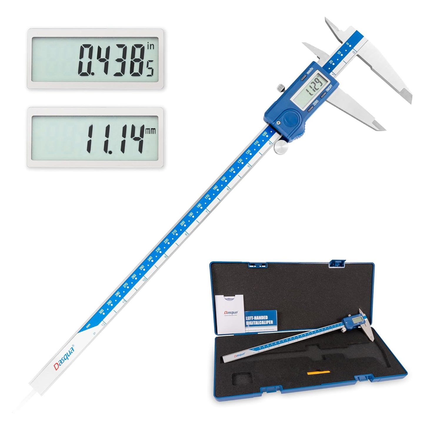 Dasqua Left-Handed Digital Caliper 0-12"/0-300mm Stainless Steel with Large LCD Screen, Dual Reading in/mm, Accuracy ±0.0016"/0.04mm, Resolution 0.0005"/0.01mm, High Precision Caliper Measuring Tool