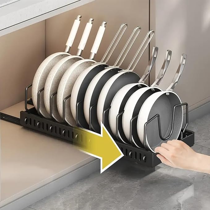 AmoiChic Pull Out Cabinet Organizer for Pots and Pans, Black Storage Rack with 8 Adjustable Dividers, Kitchen Countertop Lid Holder for Pot Lid, Bakeware, Dishes Storage, 2 Pack