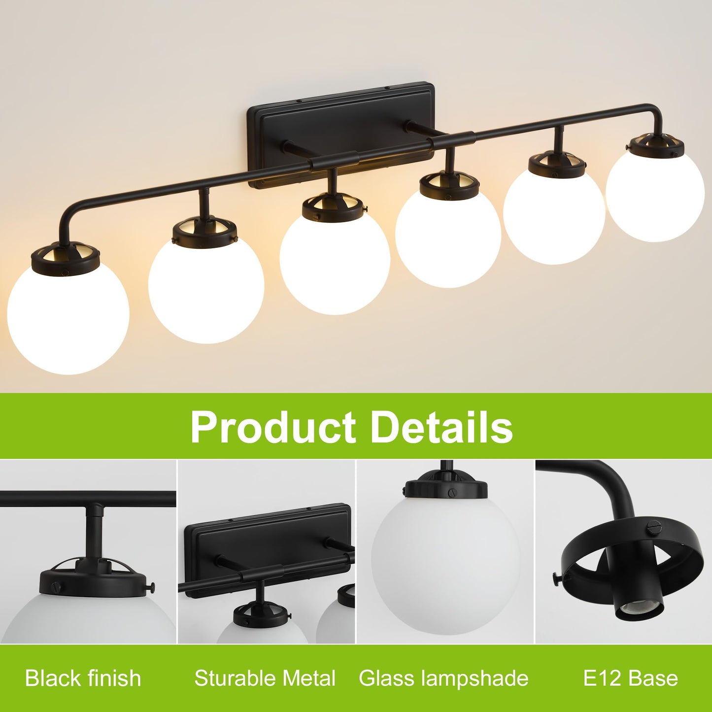 Deyidn Bathroom Light Fixtures Over Mirror, 6-Light Matte Black Vanity Lighting with Milk White Glass Globe Shades Modern Wall Sconce