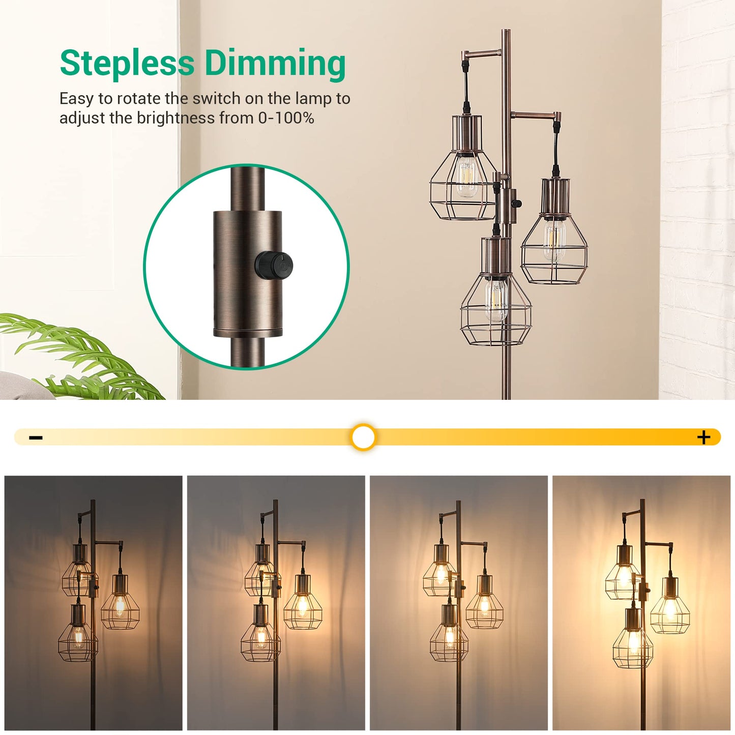 Edishine Dimmable Industrial Floor Lamp, Rustic 65In Metal Standing Light, Brown, Includes 3 Led Edison Bulbs, Perfect For Living Room/Bedroom
