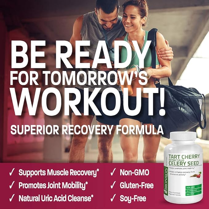 Bronson Tart Cherry Extract + Celery Seed Capsules - Powerful Uric Acid Cleanse, Joint Mobility Support & Muscle Recovery Supplement - Non-GMO Formula - 60 Vegetarian Capsules