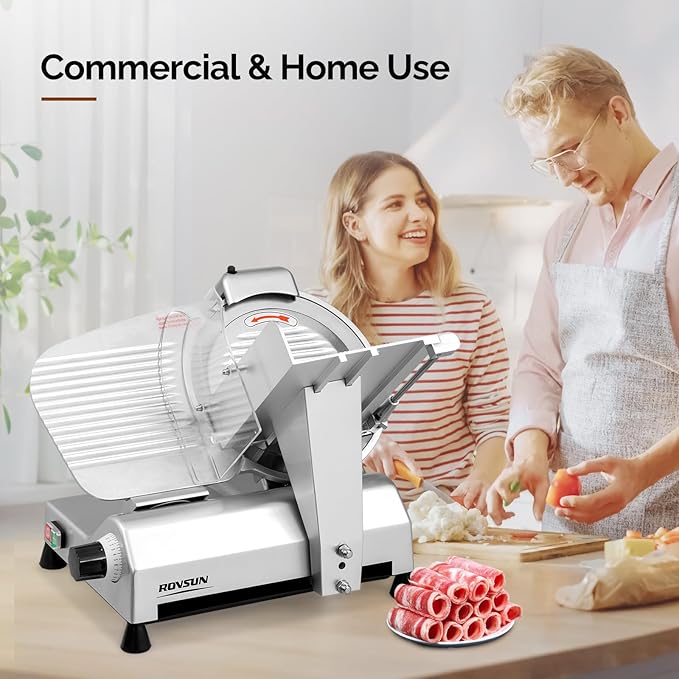 ROVSUN 270W Commercial Meat Slicer, 12 inch Electric Meat Slicer Machine with Adjustable Thickness(0-18mm), Frozen Meat Deli Cheese Food Slicer with Upgraded Carbon Steel Blade for Home and Commercial