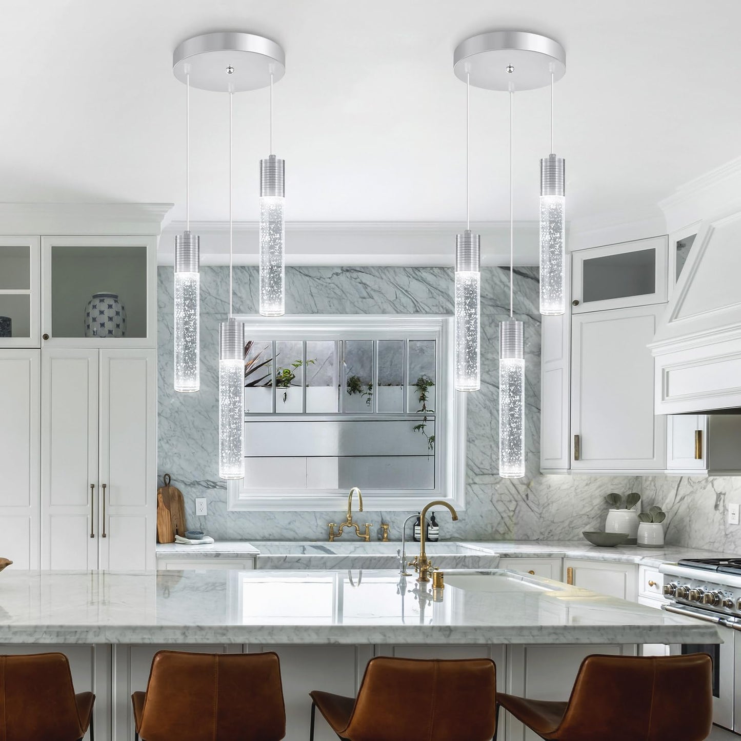 Dolria 3-Lights Pendants Light For Kitchen Island Chandeliers Dining Room Pendant Lighting Fixture Bubble Crystal Ceiling Hanging Lights Bedroom Island Kitchen 6000K White Light Fixtures Chrome