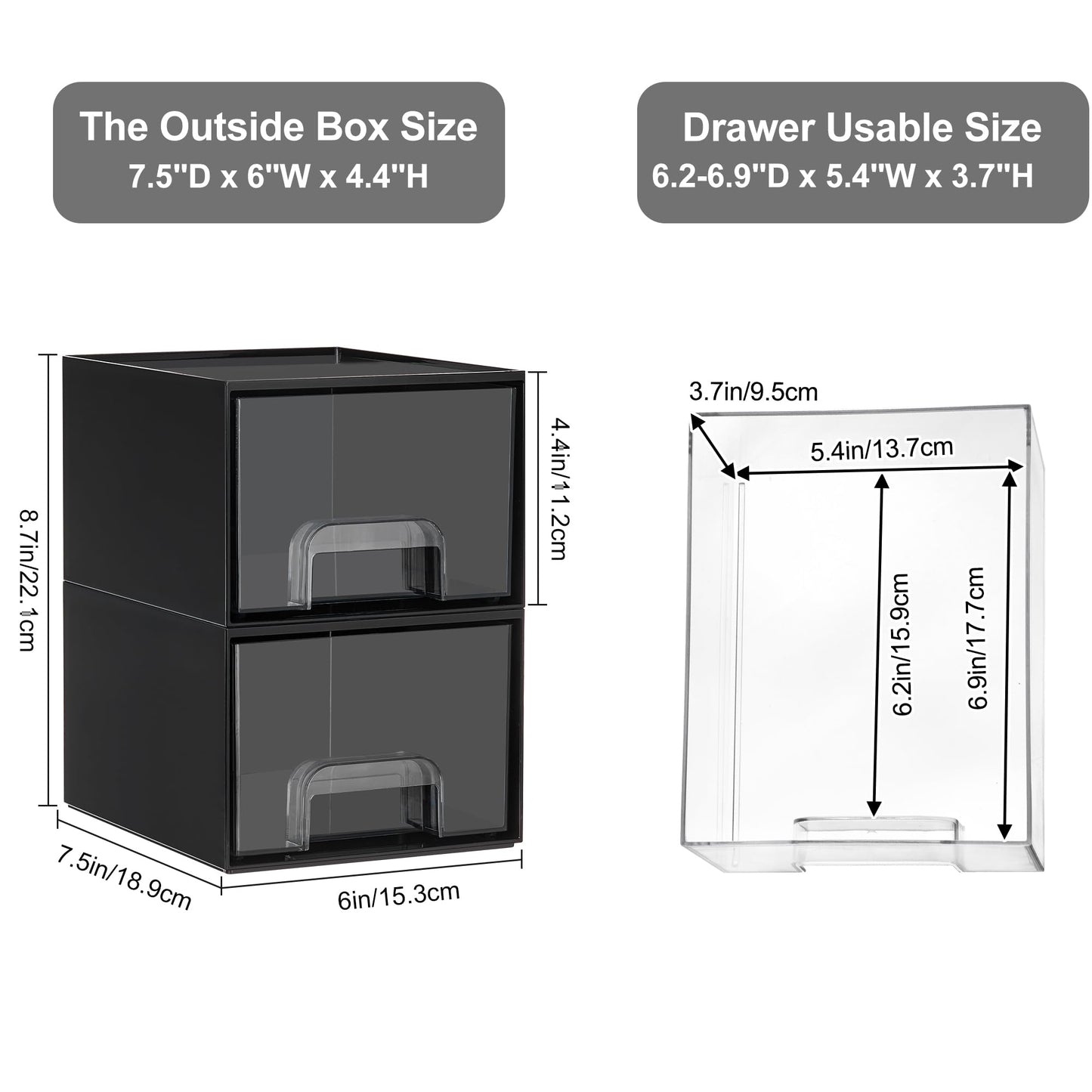 Vtopmart Black Small Stackable Storage Drawers, Cologne Organizer for Men,Plastic Containers for Vanity, Dresser,Office Desk,Bat