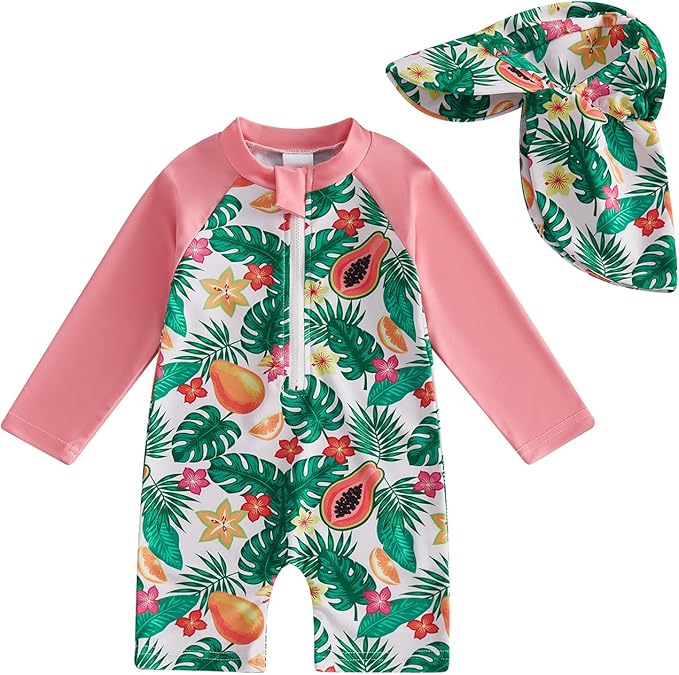 Baby Boy Rash Guard Swimsuit Color Block Long Sleeve Zipper One Piece Swimwear Toddler Bathing Suit ＋ Shark Sun Cap