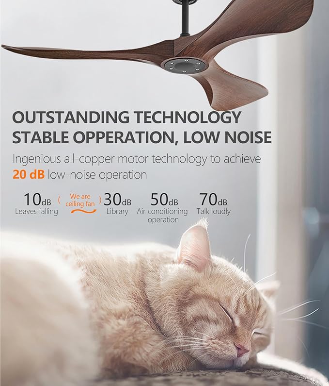 Ceiling Fan with Remote,52 Inch Wood Color Ceiling Fan no light for Indoor/Outdoor,6 Speed Noiseless Reversible DC Motor，Modern Ceiling Fan with Timer for Kitchen, Living Room Farmhouse Patios