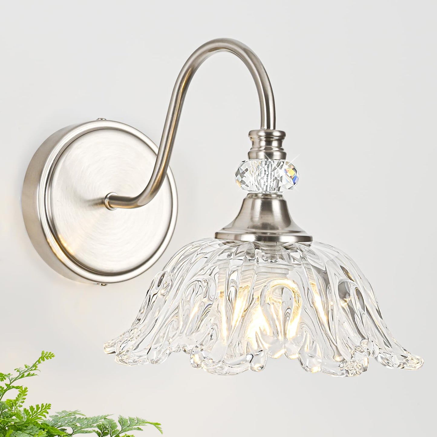 Sunkryster 1 Piece Brushed Nickel Wall Sconce With Floral Clear Glass Shade  Brushed Nickel Finish Wall Mount Lighting For Bathroom  Modern Bathroom Vanity Light Fixture