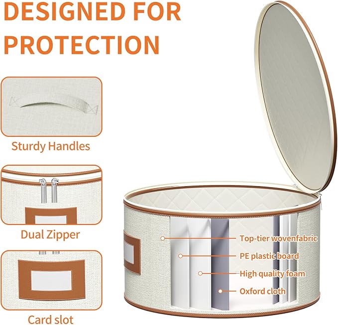 Aokeyee China Storage Containers- 6 Piece Set Hard Shell Moving Box for Dishes, Plate, Mugs, Cup, Silverware, Flatware, Saucers, Dinnerware, Sturdy Quilted Organizer with Soft Dividers, Handles, Ivory