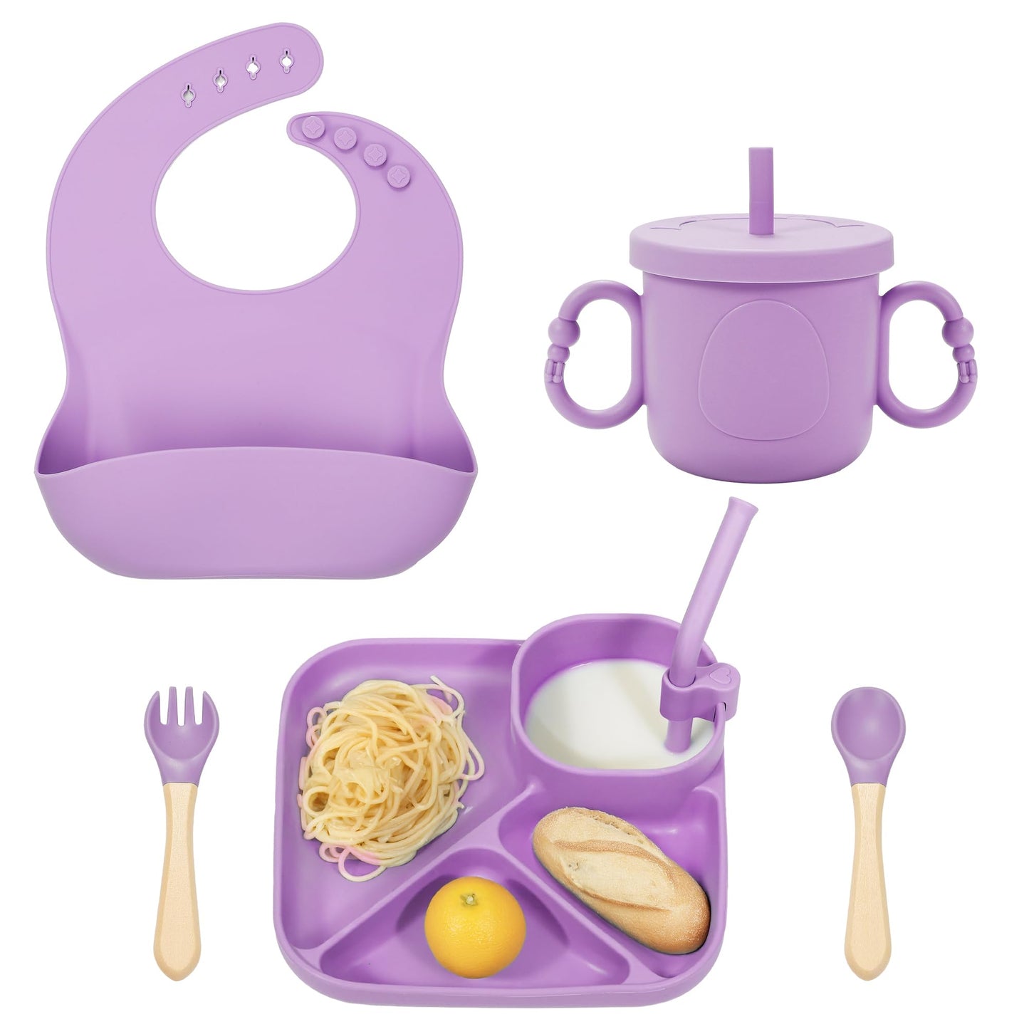 MIICASA Silicone Baby Feeding Set, Baby Led Weaning Supplies, Silicone Suction Plate, Bowl, Spoons, Fork, Waterproof Bib, Cup and Food Tableware, Eating Utensils Baby Feeding Essentials for 3+ Months