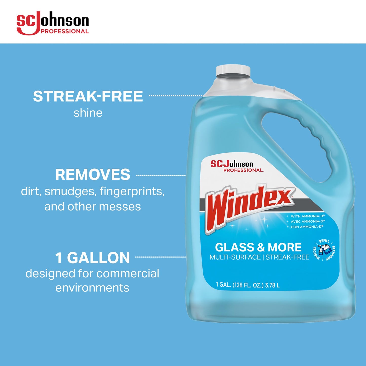 SC Johnson Professional Windex Glass and More Multi-Surface Cleaner, Windex Glass Cleaner Refill, Multi Surface Cleaner, 128 fl. oz. Bottles, 4 Count, for Professional Use Only