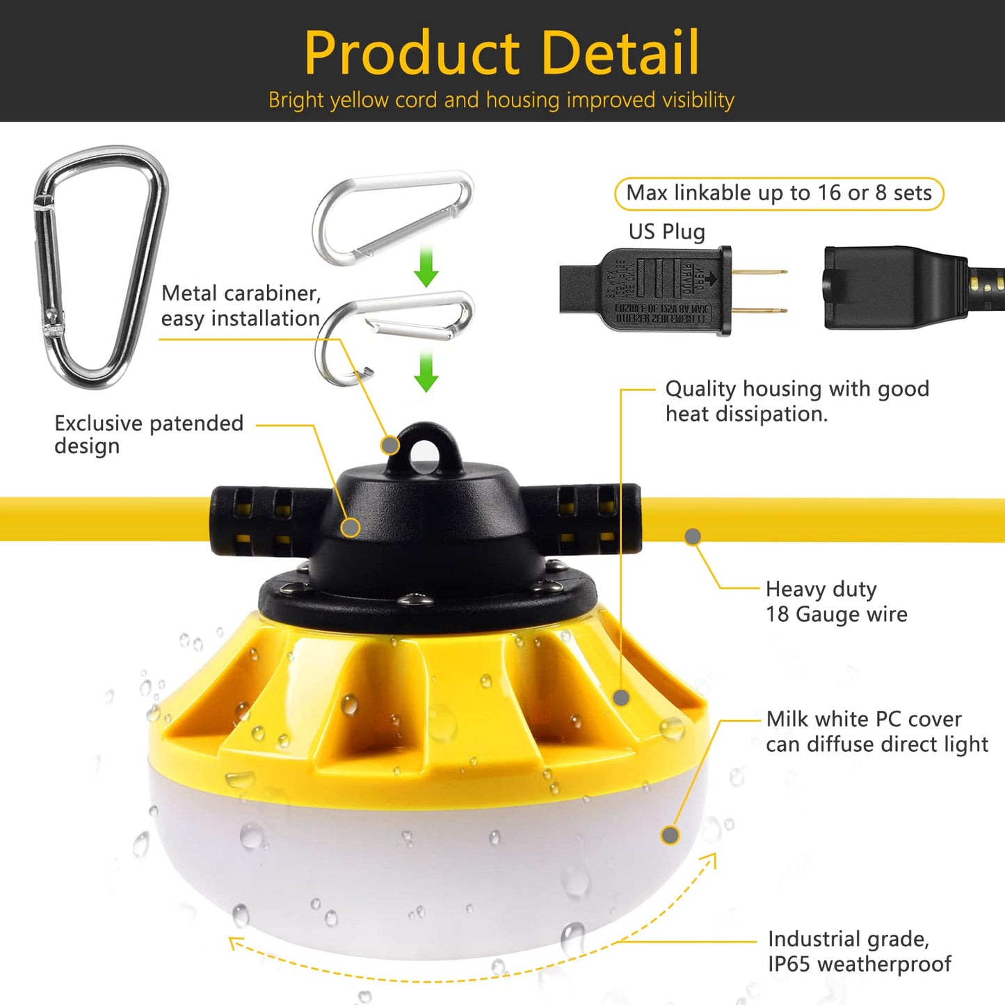 Muasdae 200Ft Led Construction String Lights, Yellow Glass, Ideal For Outdoor Lighting, Renovation, And Walkways