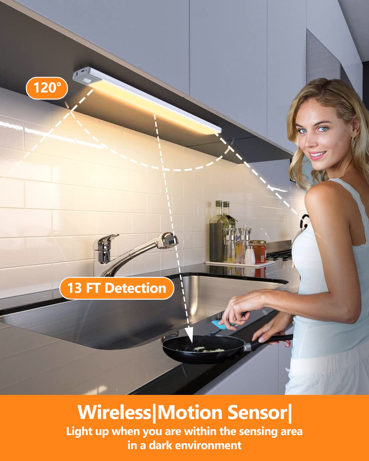Priorare 54 Led Motion Sensor Under Cabinet Lighting, Rechargeable Warm White Closet Light, Ultra Thin Design, 350Lm, 2 Pack