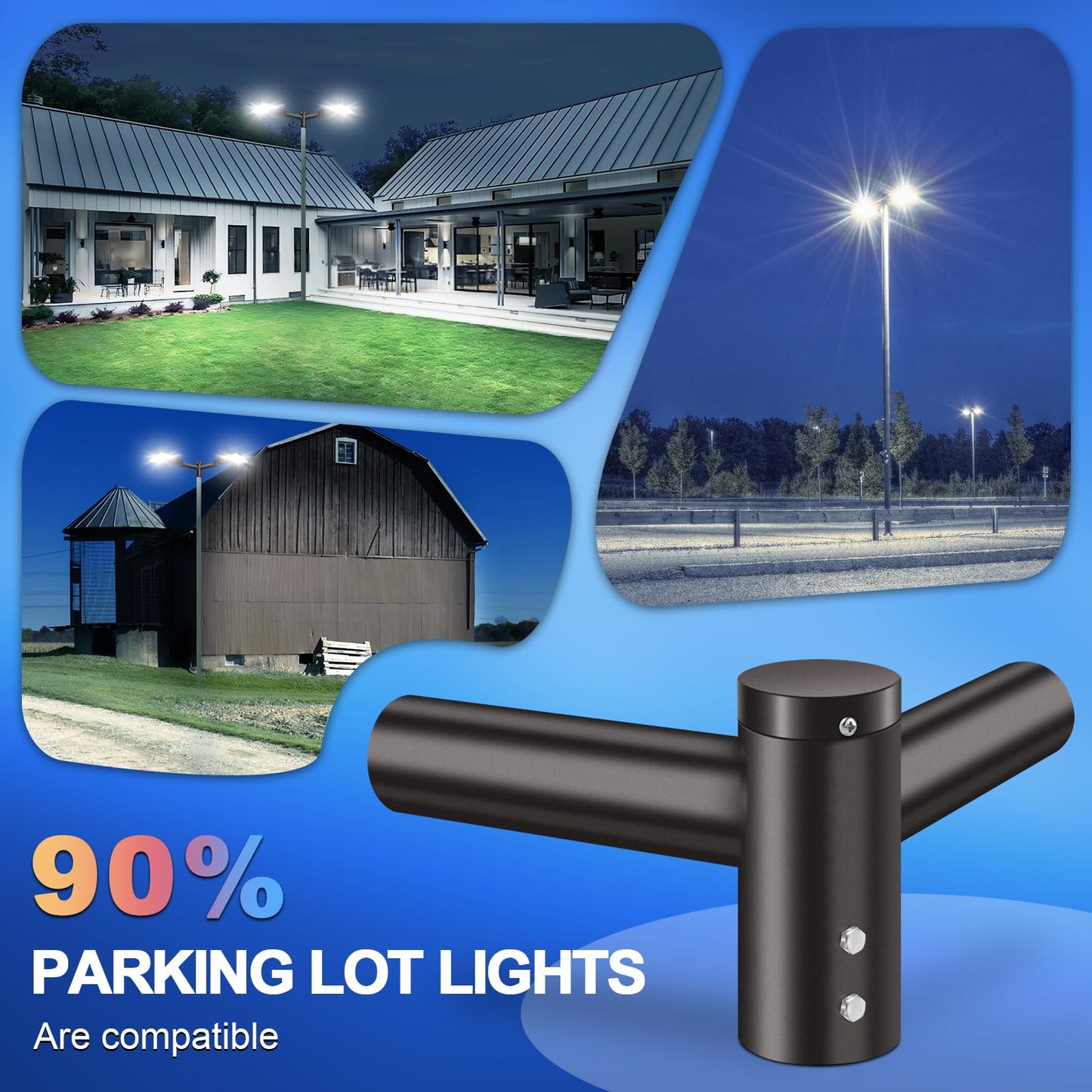 Ledmo 90 Tenon Adaptor With 2 Arms  Double 2-3/8 Round Slip Fitter Bracket  Lighting Mounting Heavy Duty Extension Round Pole For Parking Lot Area Light Street Floodlight Solid Rustproof