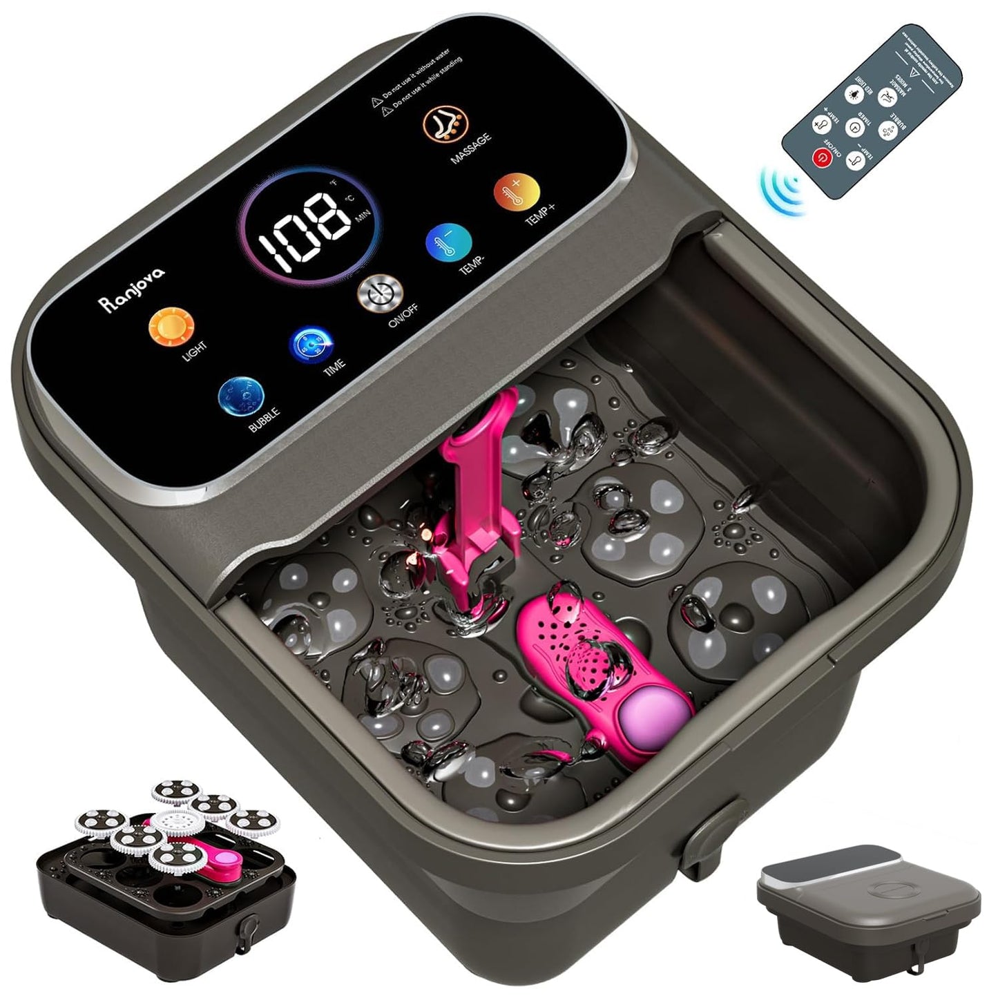 Ranjova Foot Spa Electric Rotary Massage, with Touchscreen Pro Color Display, Collapsible Foot Bath with Heat, Bubble,Remote Con