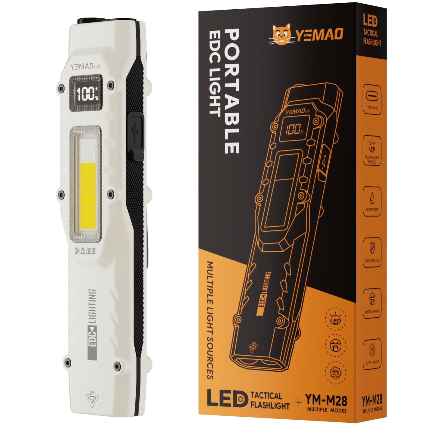 Yemao Flat Flashlight, 880 Lumen, Rechargeable, Stainless Steel, Pocket Size, Model YM-M28, White, 13 Modes, Dual Switches