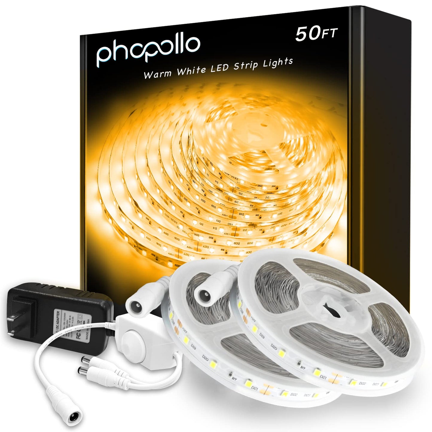 phopollo LED Strip Lights 50ft Dimmable 3000K Warm White, 900 LEDs for Bedroom, Kitchen, Mirror Decor