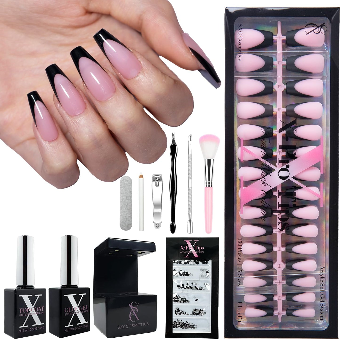 SXC Cosmetics French Tip Press On Nails - Black Series, Medium Coffin, X-Pro Tips Starter Kit | 150PCS, 15 Sizes, 5 Styles, Begi