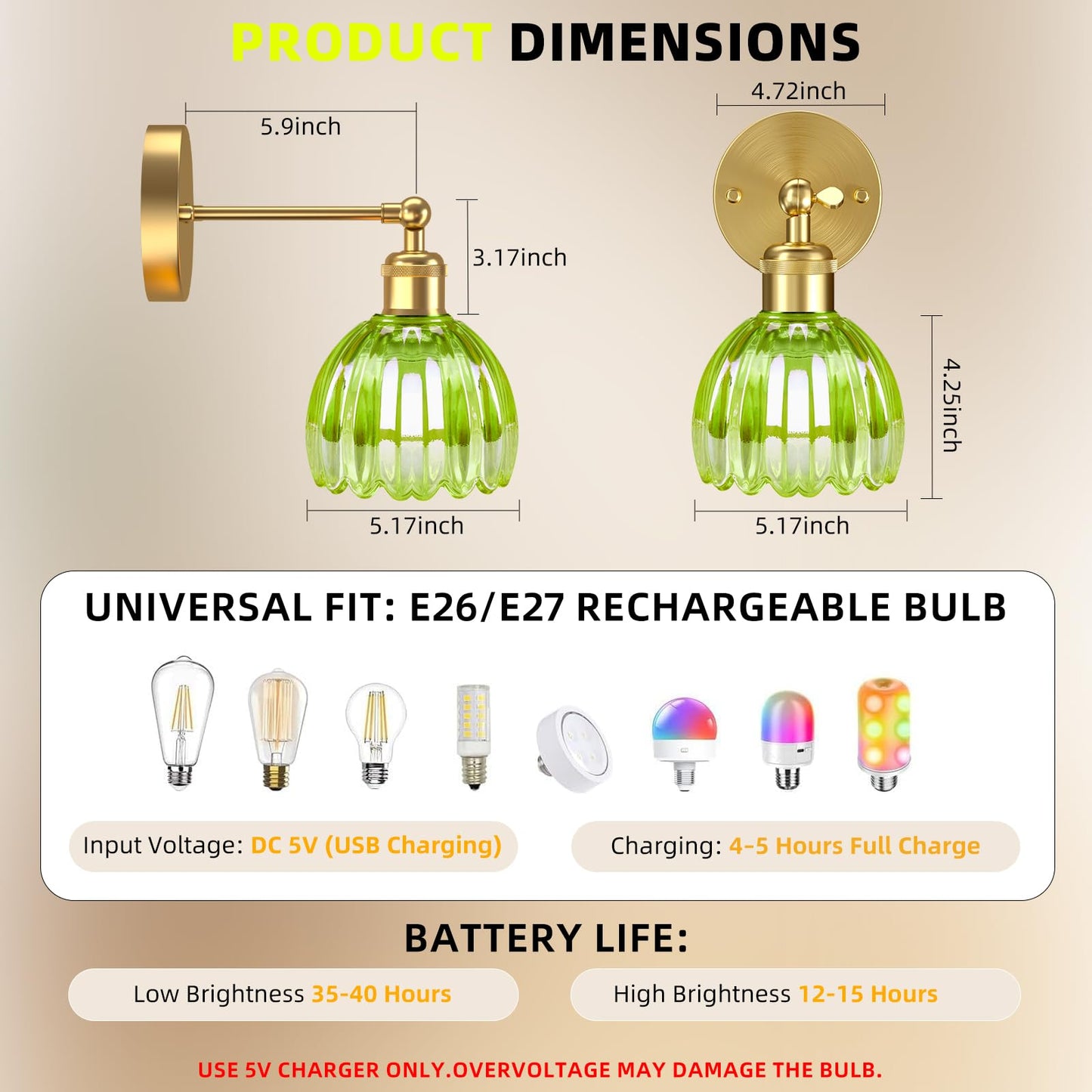 Senluyi Battery Operated Wall Sconce Set of 2, Remote Control, 7000mAh Dimmable RGB Bulbs, Wrought Iron, Green, Model V828