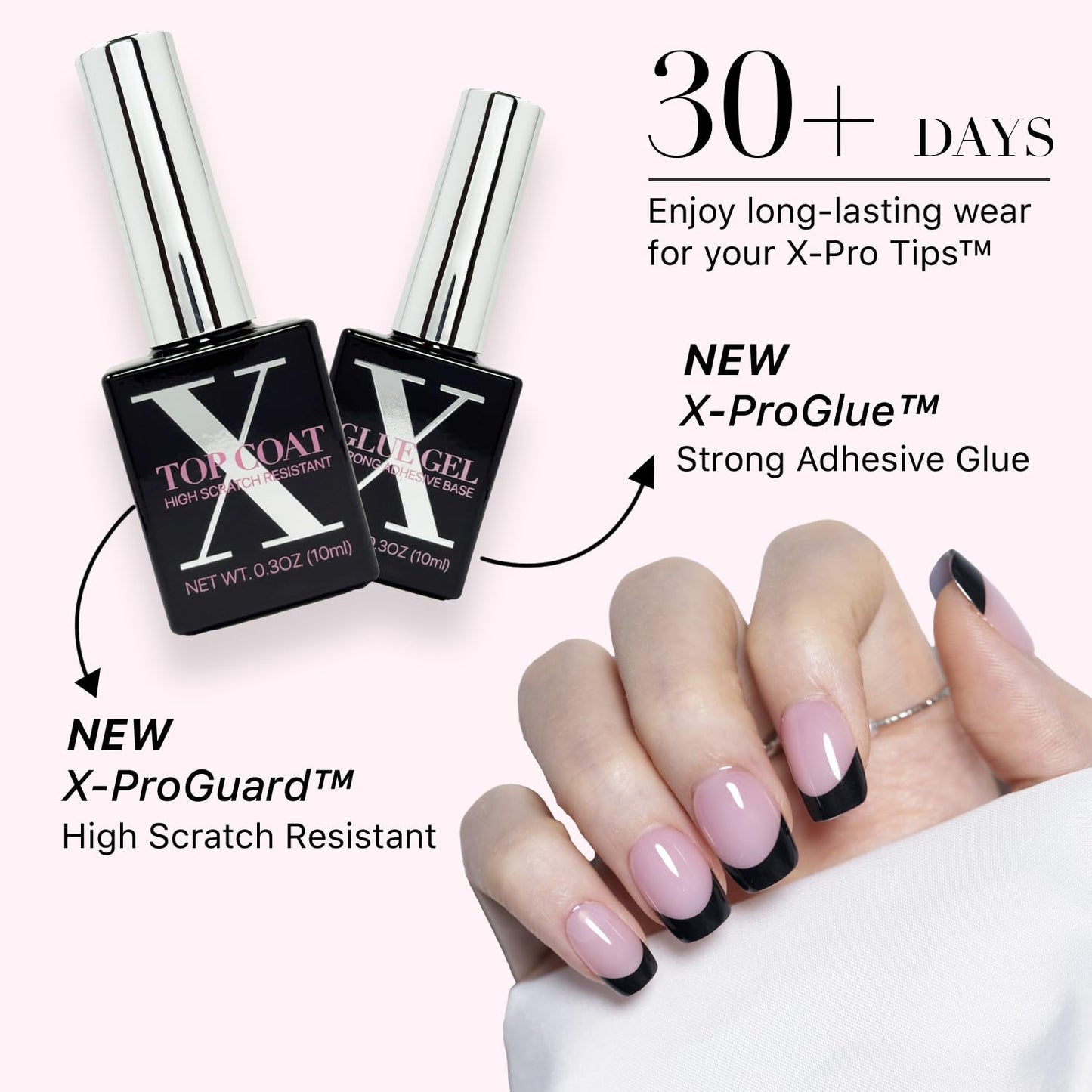SXC Cosmetics French Tip Press On Nails - Black Series, Extra Short Square, X-Pro Tips Starter Kit | 150PCS, 15 Sizes, 5 Styles,