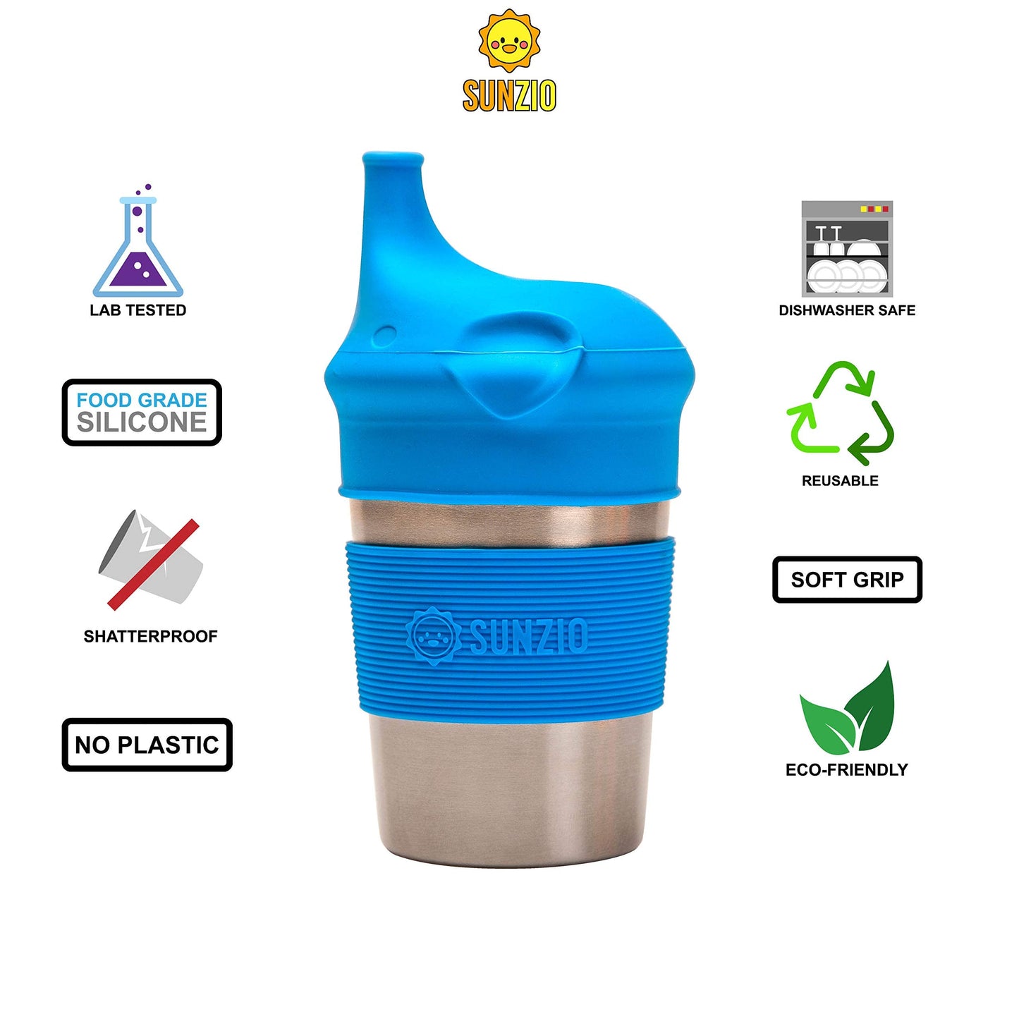 SUNZIO Sippy Cups for Toddlers and Kids, Stainless Steel Sippy Cup with Straw with Silicone Lids, BPA Free, Plastic Free, Break Proof Easy To Grip Soft Spout Cup for Babies, 10 oz, 4 Pack