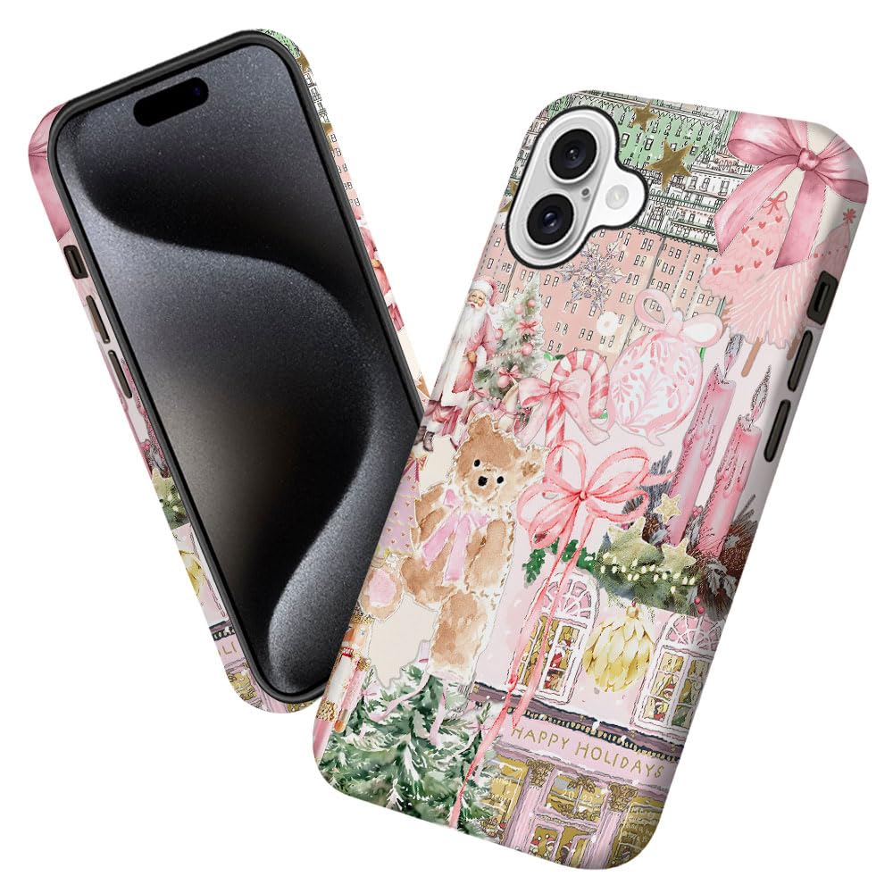 Case for iPhone 16 Plus,Pink Tree Christmas Holiday Phone Case Military-Grade Drop Protection Cover for Women Girl - Frosted