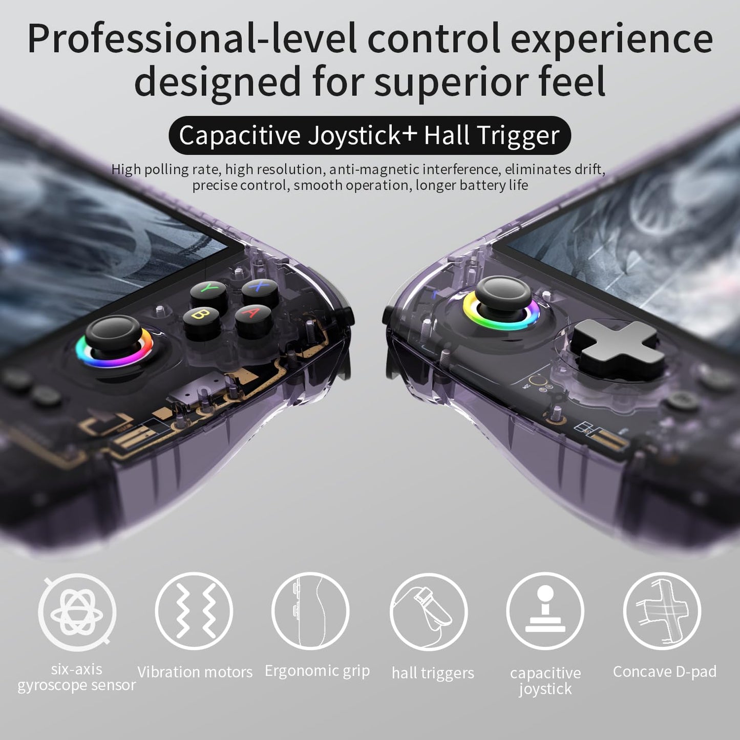 RG557 Retro Handheld Game Console , 5.48 Inch AMOLED Screen Handheld Emulator Android 14 System Dimensity 8300 Processor Support WiFi 6E Bluetooth 5.3(Transparent Purple)