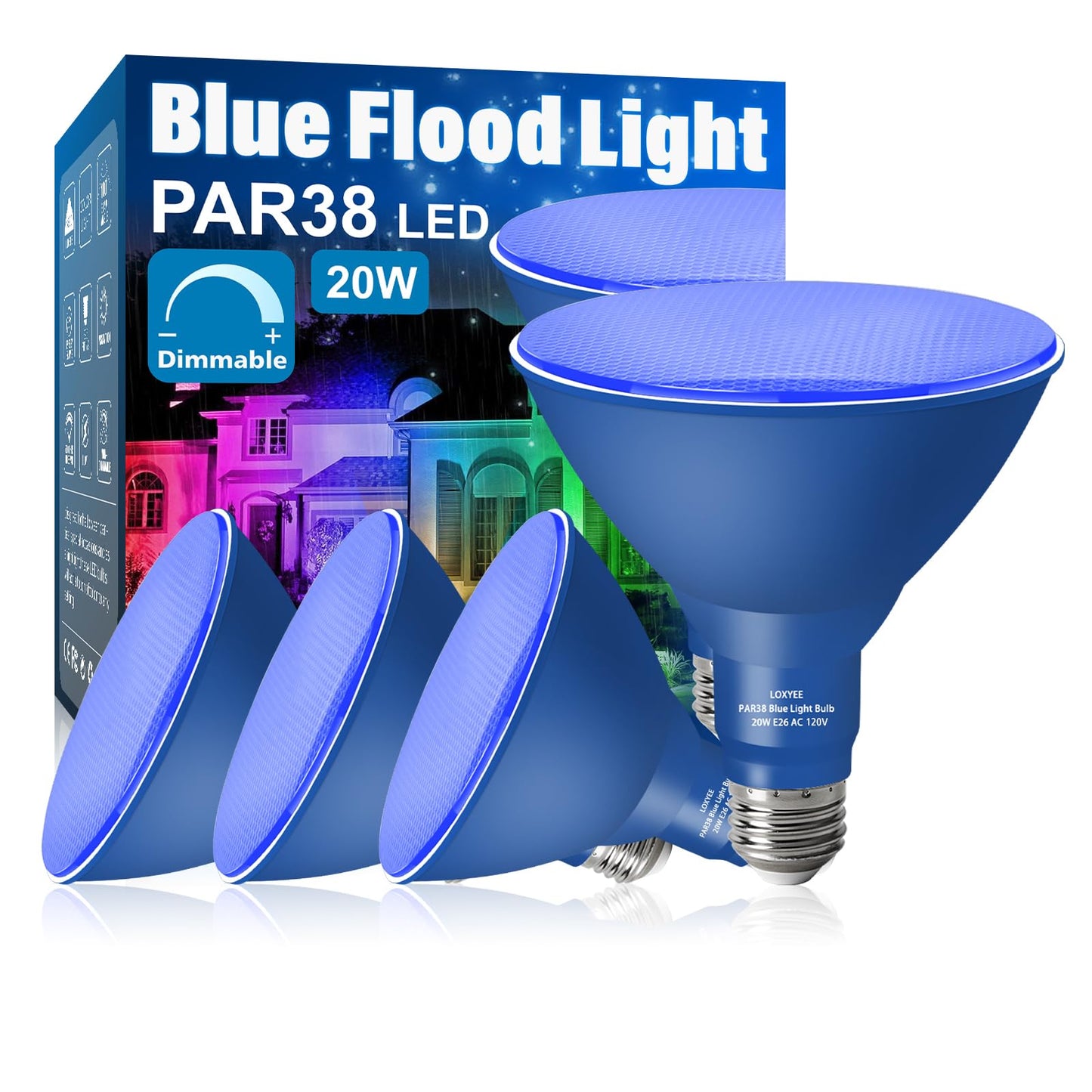 Loxyee Par38 Flood Blue Light Bulbs 4 Pack Dimmable E26 Base Blue Flood Light Outoor(20W Replace To 200W) Halloween Light Bulb For Outside Christmas Holiday Lighting