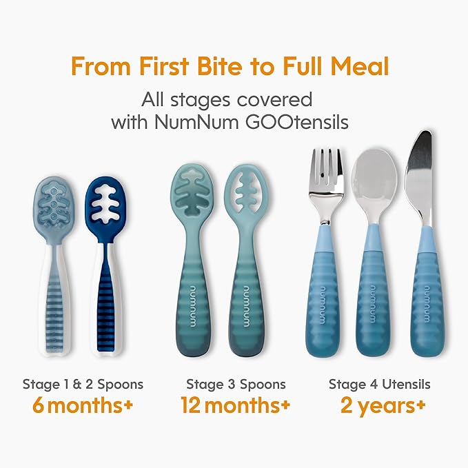 NumNum Baby Spoons Set, Baby Essentials Pre-Spoon GOOtensils for 12+ Months, First Stage Self-Feeding Spoons for Baby Led Weaning (BLW), Silicone Toddler Utensils, BPA-Free, 2 Pack Green