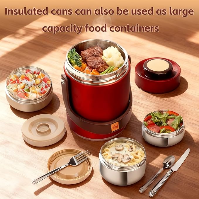 67oz Vacuum Insulated Lunch Food Container for Hot Food, 3 Tier Sealed Stackable Food Thermo, Adults Stainless Steel Wide Mouth Thermal Lunch Box, Leak-Proof Thermo Food Jar for Office & Outdoor(Red)