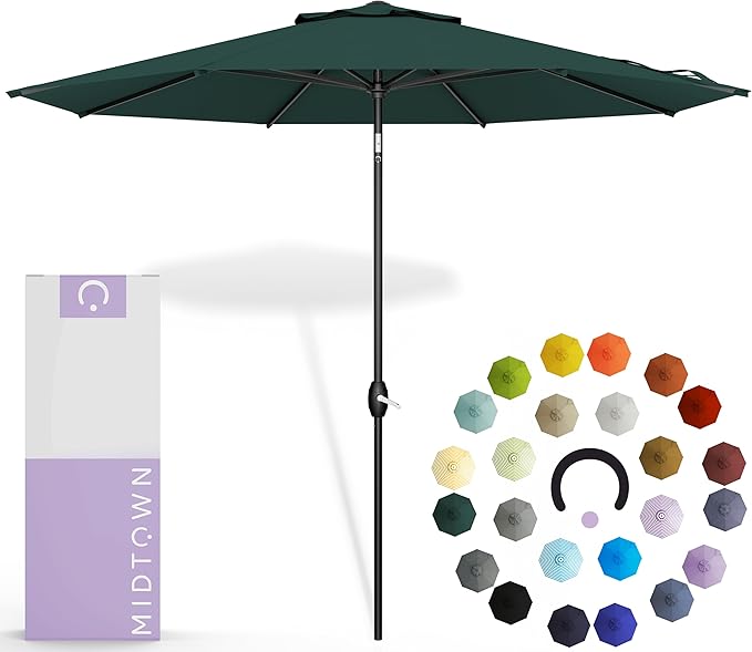 Midtown Umbrellas 10-Year-No-Fade - 9 Ft - UV Proof Forest Green Polyester Fabric - Umbrella Outdoor Patio, Auto-Tilt Aluminum Frame Patio Umbrella for Garden, Pool & Deck - Black Pole