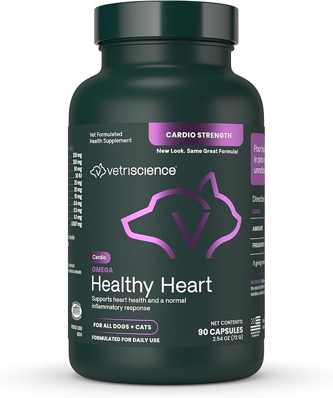 VetriScience Omega Healthy Heart Easy-Open Capsules, Cardio Strength Taurine and Omega-3 Supplement for Dogs & Cats, Heart Support Supplement, 90 Count