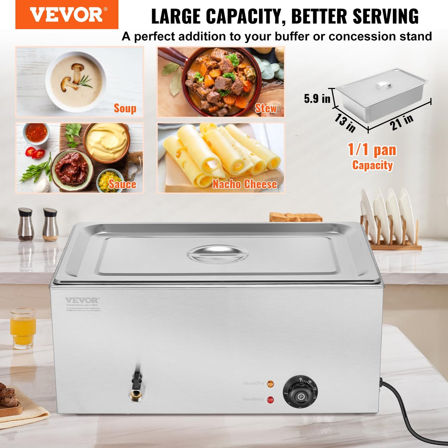 VEVOR Commercial Food Warmer, 1 Pan 24QT Electric Steam Table, 1200W Professional Countertop Stainless Steel Buffet Bain Marie with 86-185°F Temp Control for Catering and Restaurants, Silver