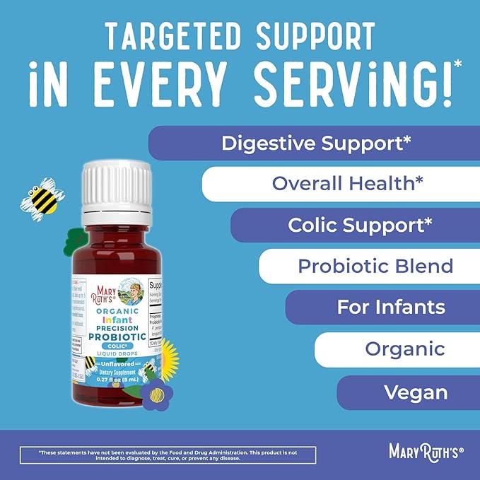 MaryRuth Organics Infant Precision Probiotics Colic & Vitamin D3 Drops | USDA Organic, Clean Label Project Verified® | Vitamins for Immune Support & Overall Wellness | Vegan, Non-GMO, Gluten Free