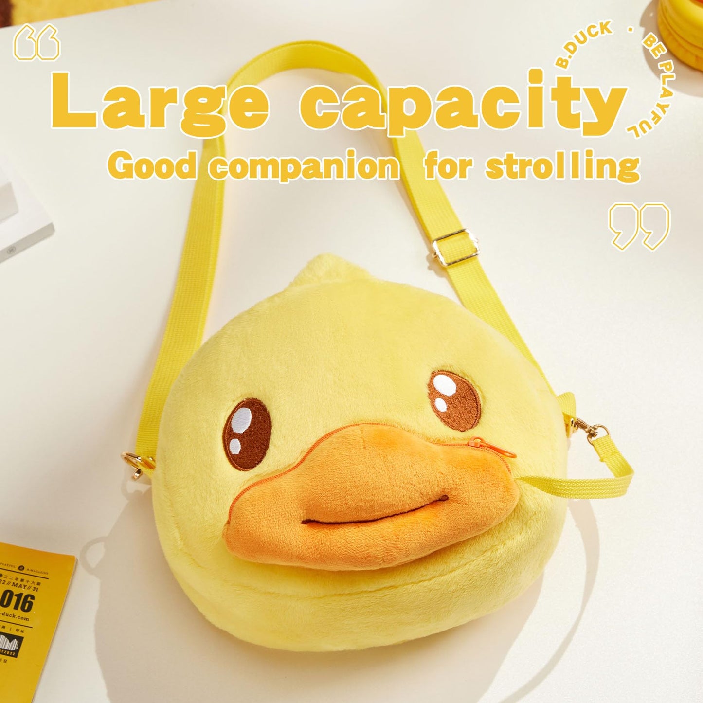 B.DUCK Plush Crossbody Bags Kawaii Handbag Cute Duck Shoulder Bag Toy Purse for Gifts (2-in-1 Duck)