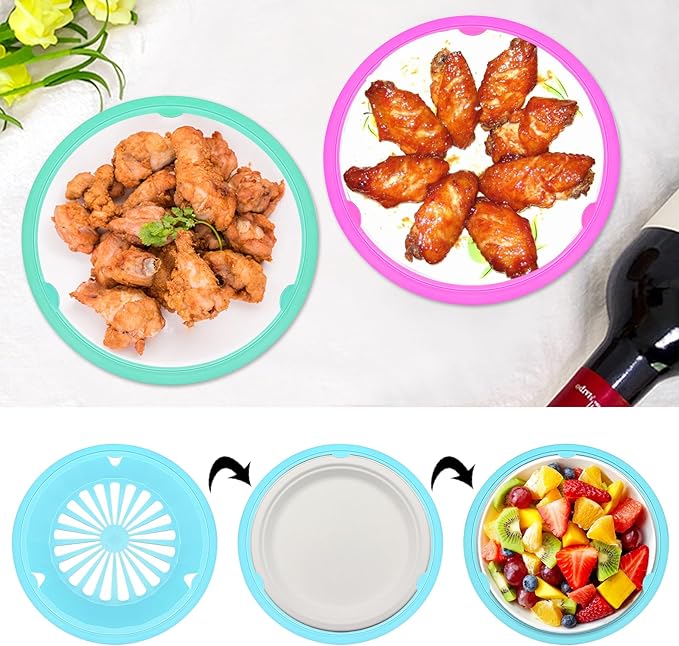 Paper Plate Holders 4 Packs with Snap-in Grooves 10.5 Inch Plastic Paper Plate Holders Reusable 4 Color Heavy Duty Supports for Picnic Party Dinner